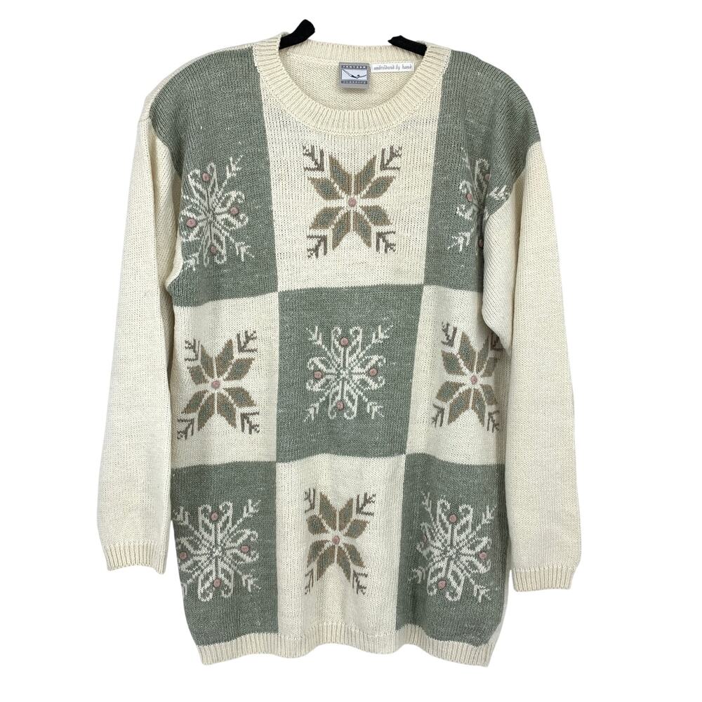 Vintage Jantzen Classics Pullover Crew Neck Sweater Womens Size M/L Cream Green